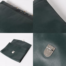 将图片加载到图库查看器，PRADA プラダ クラッチバッグ スタッズ ラインストーン サフィアーノレザー トライアングルロゴ ダークグリーン 美品 中古 4a005637