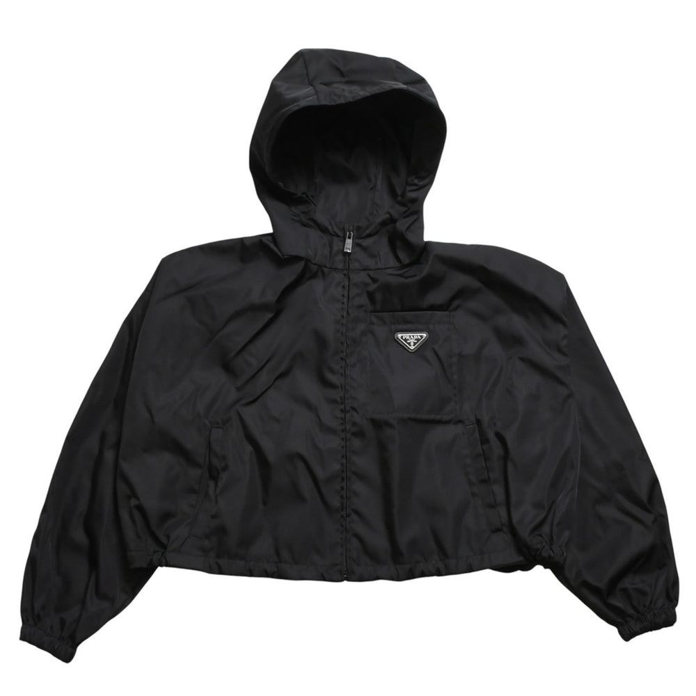 極美品 PRADA プラダ Re-Nylonトライアングルロゴ クロップド フード付き ジャケット ブラック サイズ36 シルバー金具 中古 4a005669