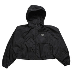極美品 PRADA プラダ Re-Nylonトライアングルロゴ クロップド フード付き ジャケット ブラック サイズ36 シルバー金具 中古 4a005669