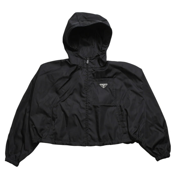 極美品 PRADA プラダ Re-Nylonトライアングルロゴ クロップド フード付き ジャケット ブラック サイズ36 シルバー金具 中古 4a005669