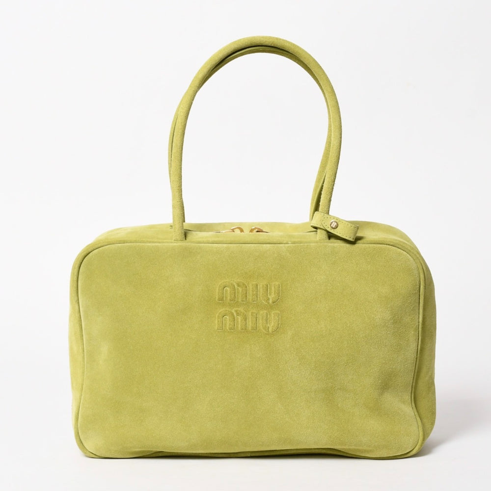 極美品 MIU MIU ミュウミュウ ボー スエードバッグ Tote Bag トートバッグ 5BB117 グリーン ゴールド金具 中古 4a005638