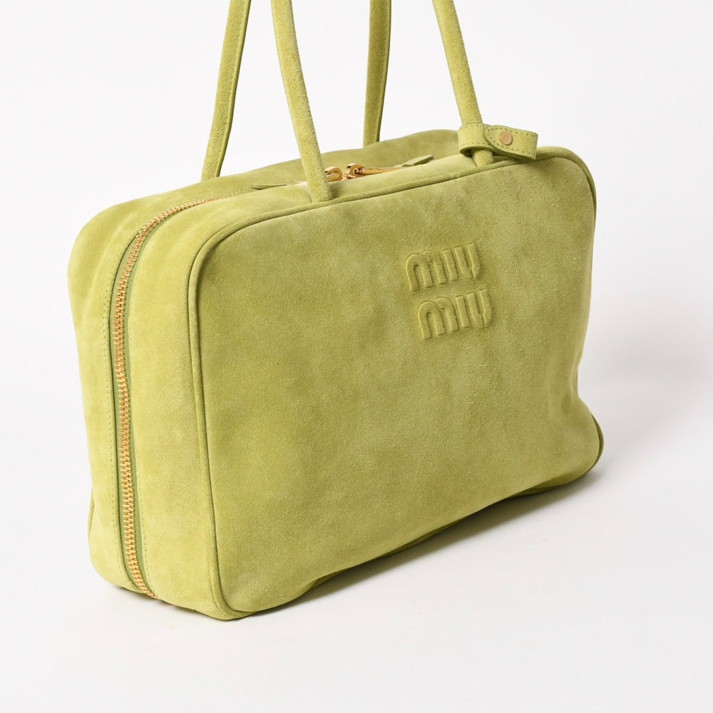 極美品 MIU MIU ミュウミュウ ボー スエードバッグ Tote Bag トートバッグ 5BB117 グリーン ゴールド金具 中古 4a005638