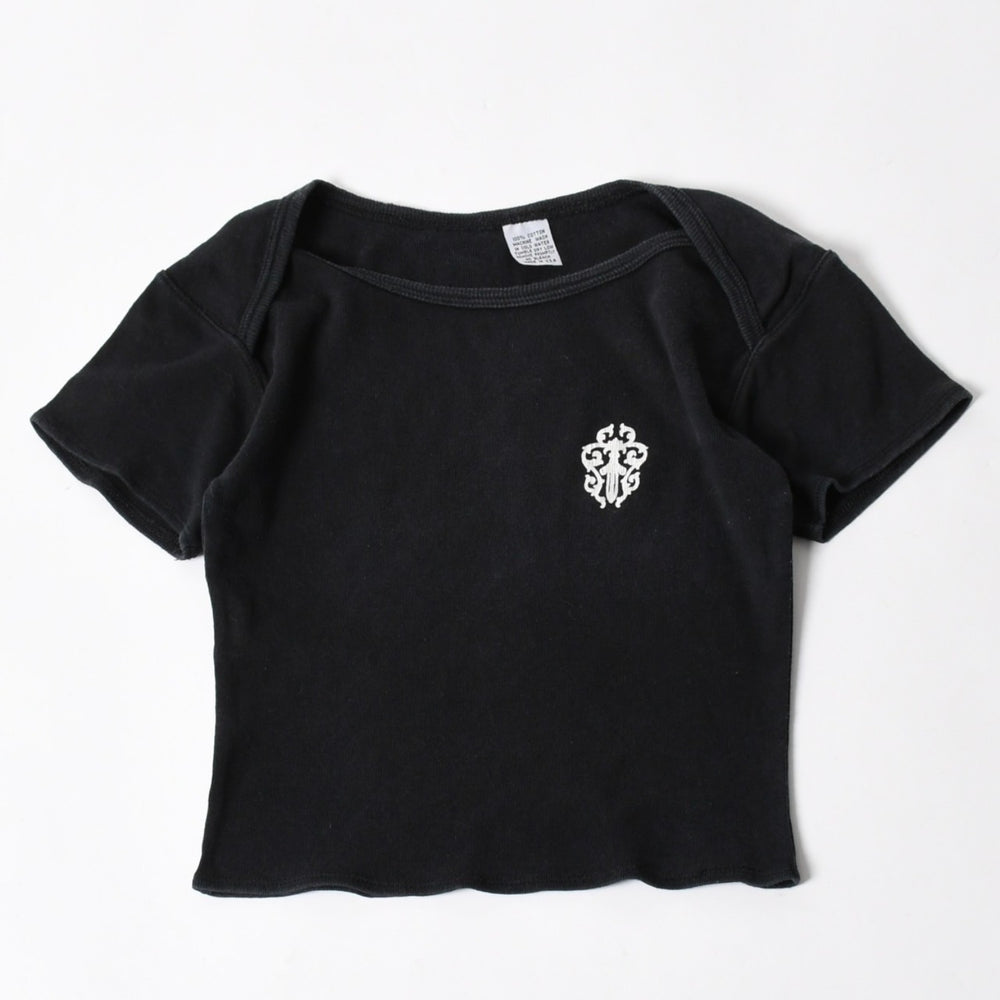 CHROME HEARTS クロムハーツ オールド ヴァインダガー スクロールラベル プリント トップス 黒 ホワイト 美品 中古 4a005606