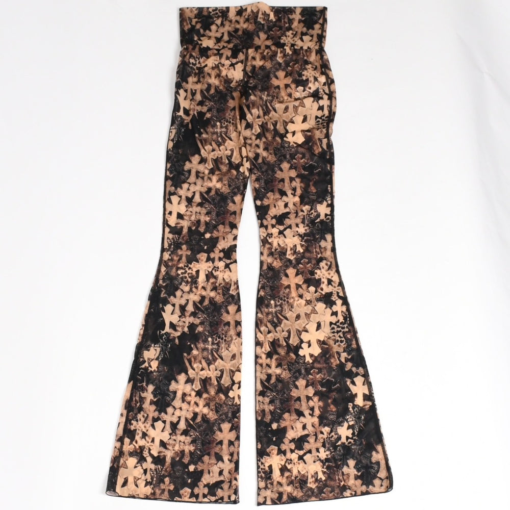 New and unused item CHROME HEARTS Semi-tary cross pattern mesh lace flare long pants sheer long pants size XS black brown used 4a005762