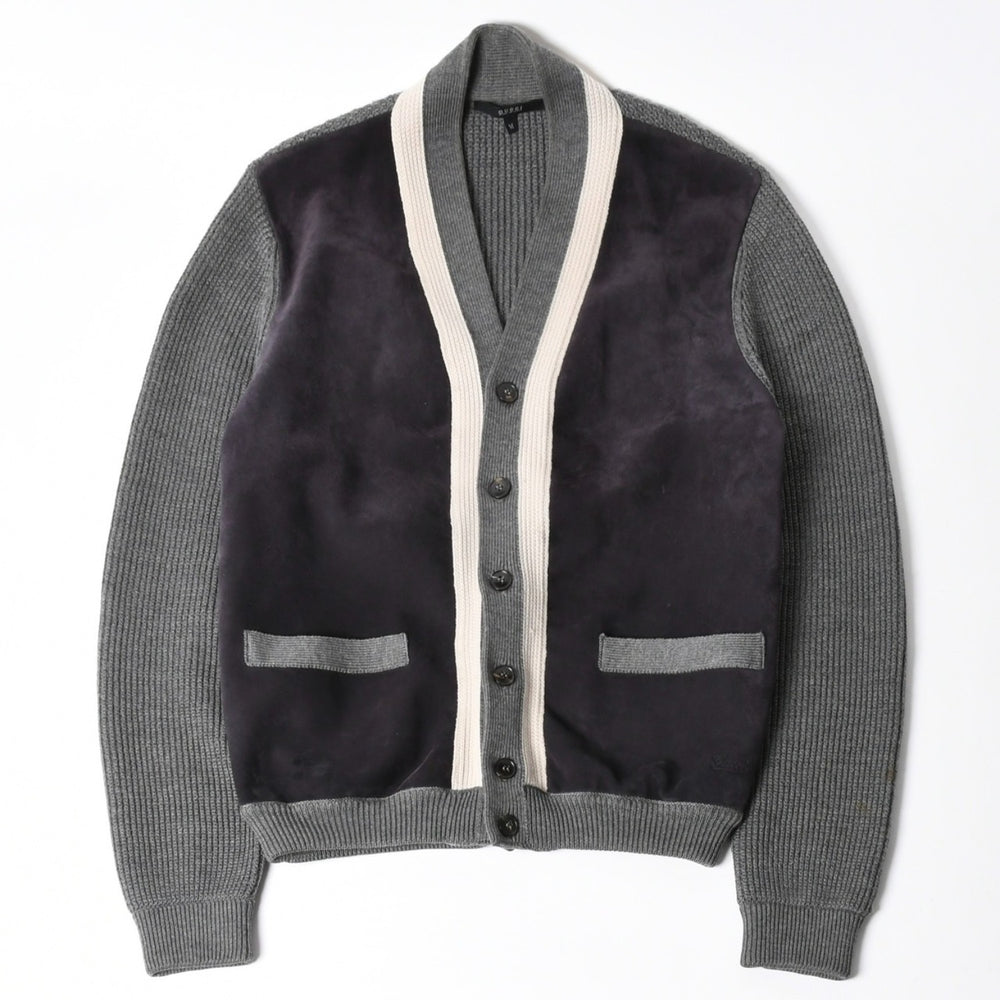 GUCCI グッチ レザー切替ウールカーディガン 323162 Z6650 グレー ネイビー バイカラー Mサイズ ウール レザー(スエード) 美品 中古 4a005714