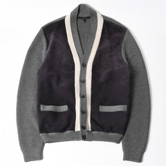 GUCCI グッチ レザー切替ウールカーディガン 323162 Z6650 グレー ネイビー バイカラー Mサイズ ウール レザー(スエード) 美品 中古 4a005714