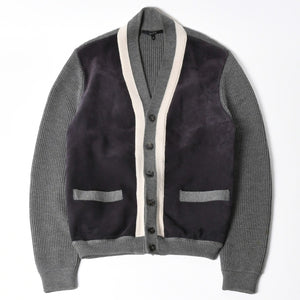GUCCI グッチ レザー切替ウールカーディガン 323162 Z6650 グレー ネイビー バイカラー Mサイズ ウール レザー(スエード) 美品 中古 4a005714