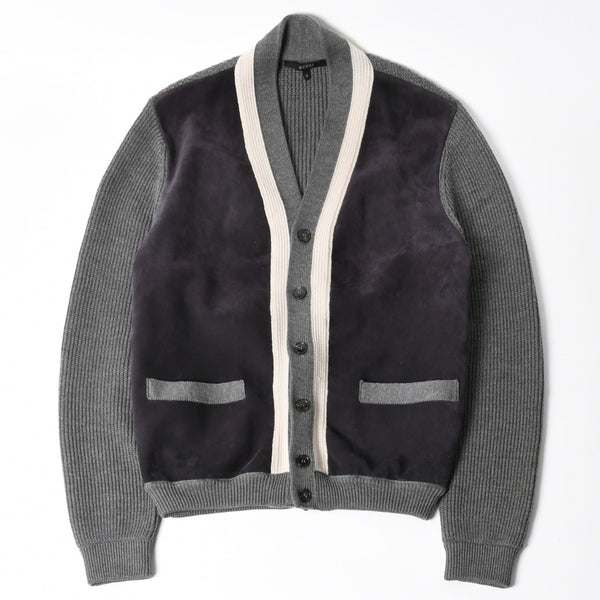 GUCCI グッチ レザー切替ウールカーディガン 323162 Z6650 グレー ネイビー バイカラー Mサイズ ウール レザー(スエード) 美品 中古 4a005714