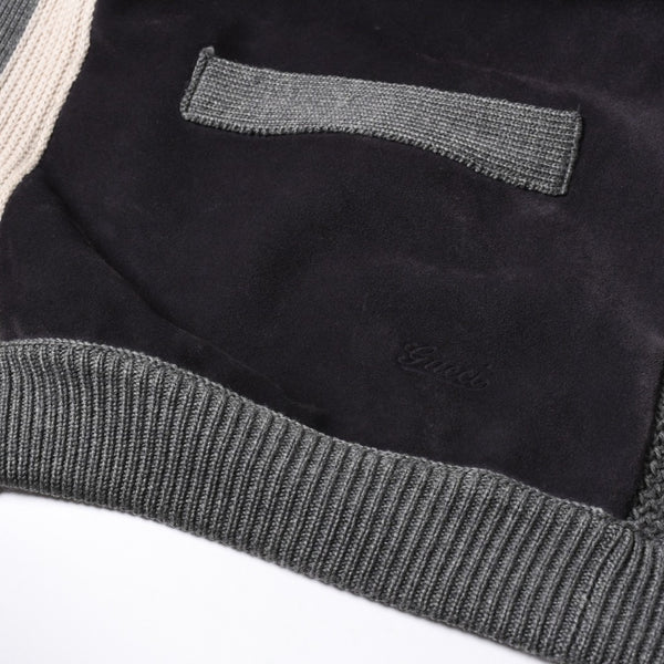 GUCCI グッチ レザー切替ウールカーディガン 323162 Z6650 グレー ネイビー バイカラー Mサイズ ウール レザー(スエード) 美品 中古 4a005714
