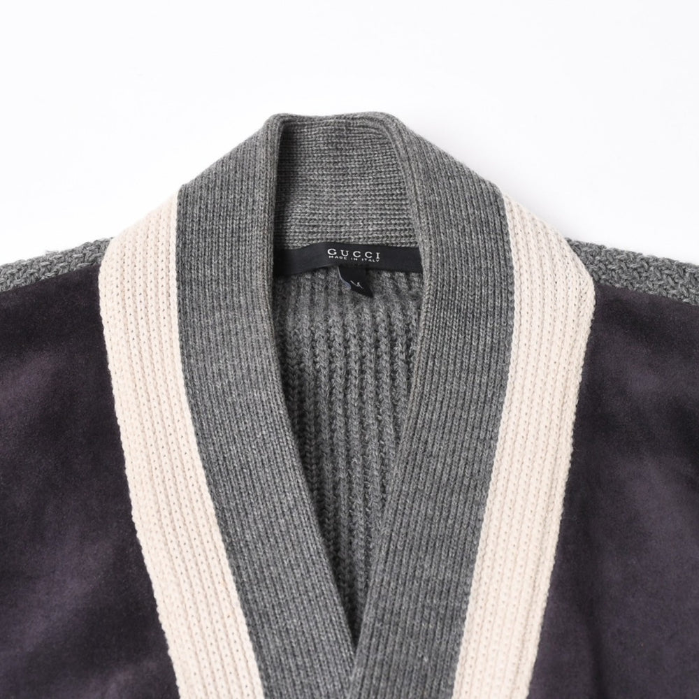 GUCCI Gucci Leather Switching Wool Cardigan 323162 Z6650 Gray Navy Bicolor M Size Wool Leather (Suede) Good Condition Used 4a005714