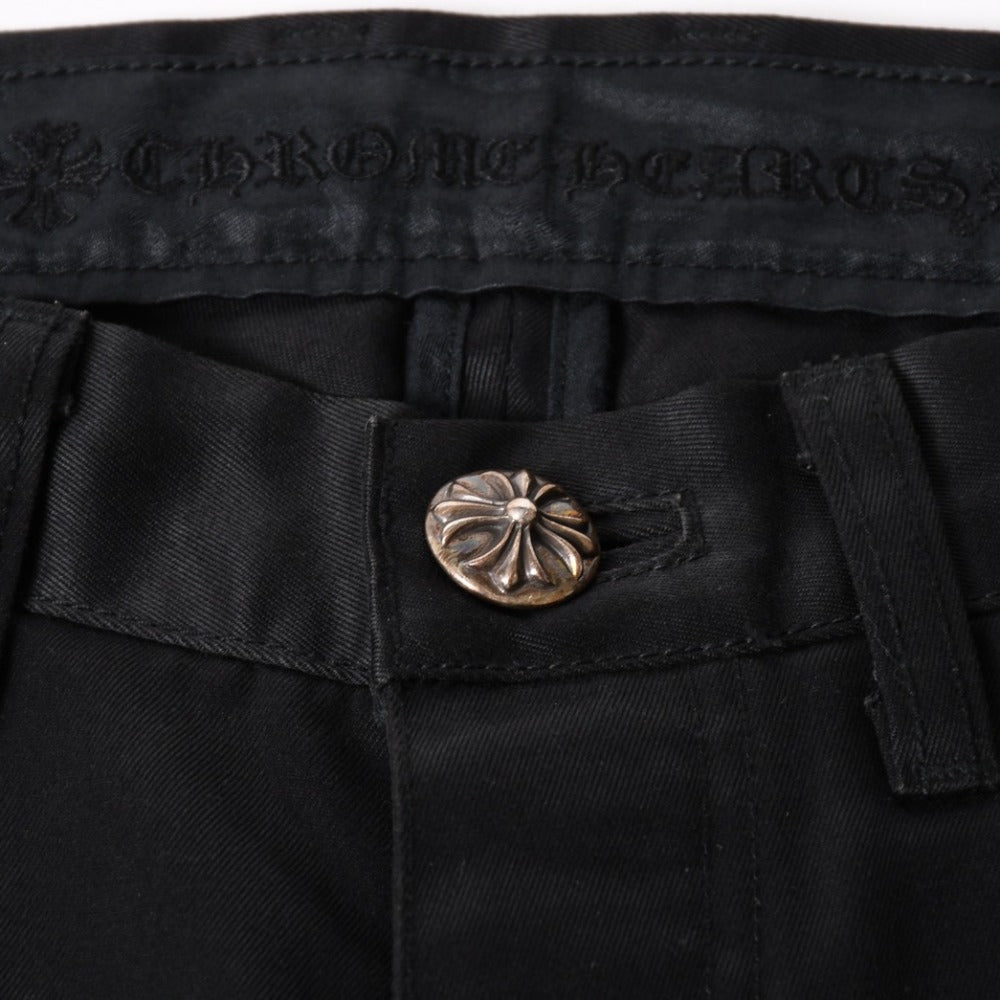 極美品 CHROME HEARTS クロムハーツ クロスボールボタン チノパンツ 32サイズ スクロールラベル ブラック シルバー 中古 4a005726