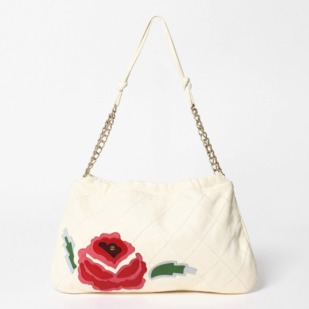 極美品 CHANEL シャネル ショルダーバッグ チェーンワンショルダーバッグ 花柄 ホワイト レッド グリーン ゴールド金具 8番台 ラムスキン 中古 4a005640