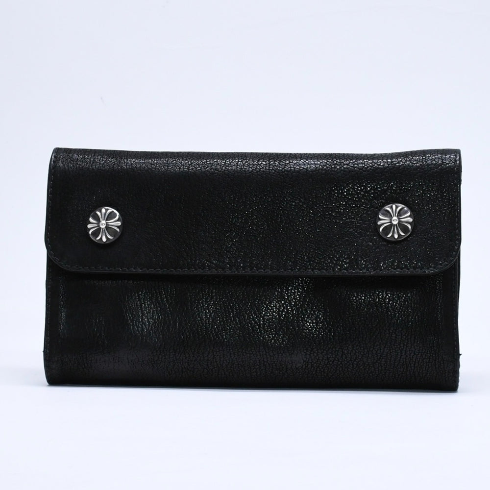 Very Good Condition CHROME HEARTS WAVE DESTROY LTHR Wave Wallet Long Wallet Cross Button Destroy Leather Silver 925 Used 4a005740