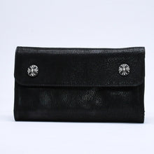 将图片加载到图库查看器，極美品 CHROME HEARTS クロムハーツ WAVE DESTROY LTHR ウェーブ ウォレット 長財布 クロスボタン デストロイレザー シルバー925 中古 4a005740