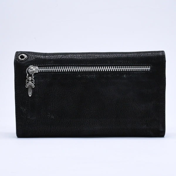 極美品 CHROME HEARTS クロムハーツ WAVE DESTROY LTHR ウェーブ ウォレット 長財布 クロスボタン デストロイレザー シルバー925 中古 4a005740