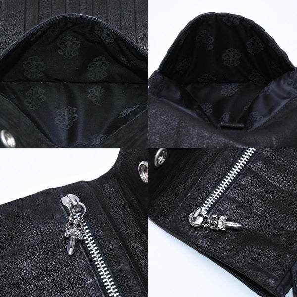 極美品 CHROME HEARTS クロムハーツ WAVE DESTROY LTHR ウェーブ ウォレット 長財布 クロスボタン デストロイレザー シルバー925 中古 4a005740