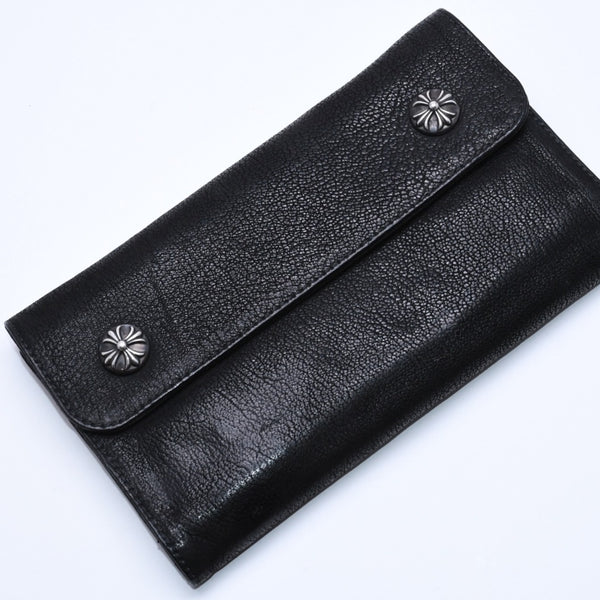 極美品 CHROME HEARTS クロムハーツ WAVE DESTROY LTHR ウェーブ ウォレット 長財布 クロスボタン デストロイレザー シルバー925 中古 4a005740