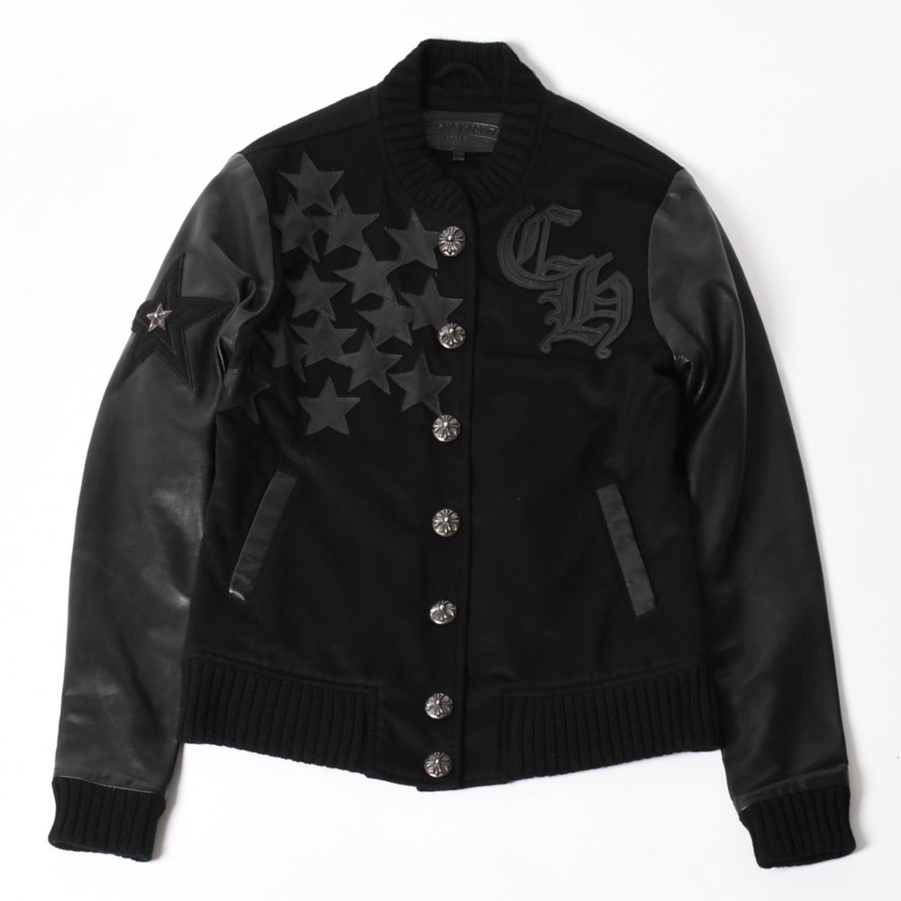 極美品 CHROME HEARTS クロムハーツ レターマン スタジャン スターレザーパッチ シルバー925 SV925 クロスボールボタン ブラック サイズM 中古 4a005745