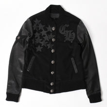 将图片加载到图库查看器，極美品 CHROME HEARTS クロムハーツ レターマン スタジャン スターレザーパッチ シルバー925 SV925 クロスボールボタン ブラック サイズM 中古 4a005745