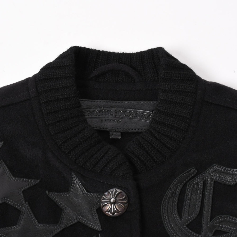 極美品 CHROME HEARTS クロムハーツ レターマン スタジャン スターレザーパッチ シルバー925 SV925 クロスボールボタン ブラック サイズM 中古 4a005745