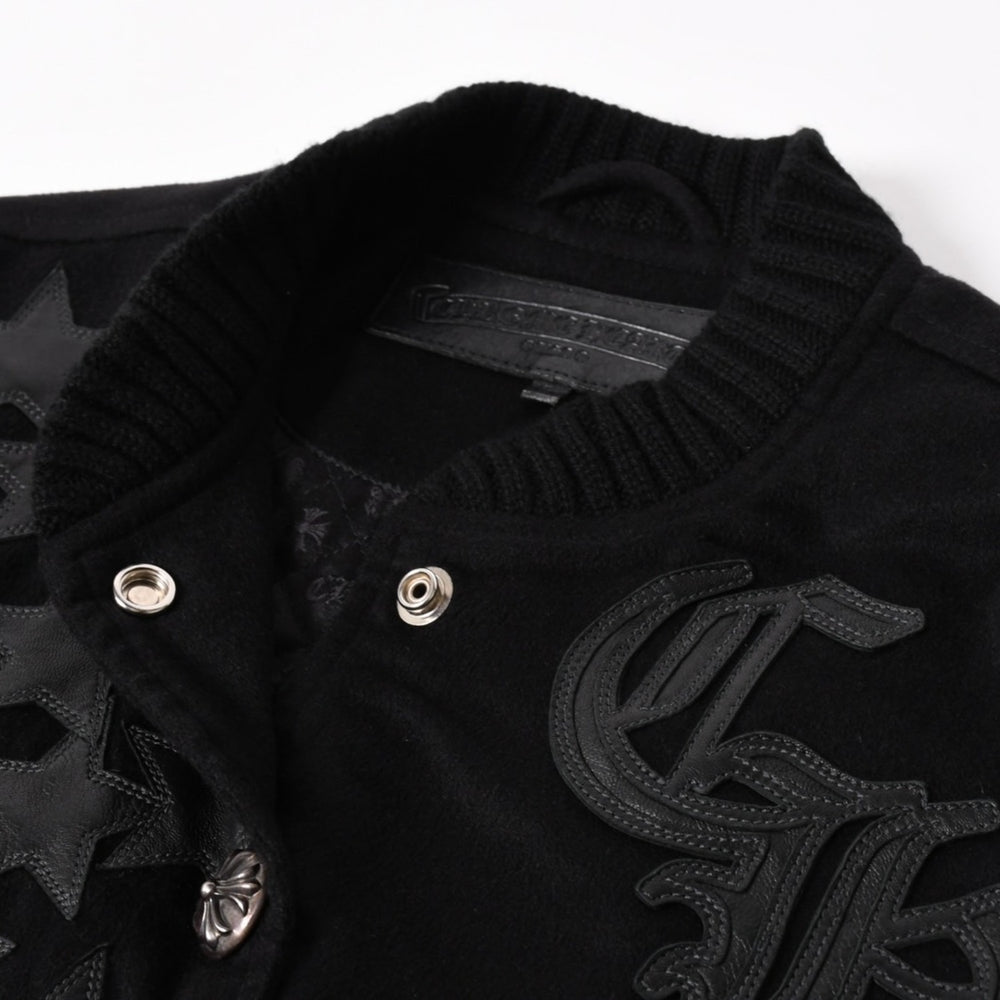 極美品 CHROME HEARTS クロムハーツ レターマン スタジャン スターレザーパッチ シルバー925 SV925 クロスボールボタン ブラック サイズM 中古 4a005745