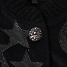 将图片加载到图库查看器，極美品 CHROME HEARTS クロムハーツ レターマン スタジャン スターレザーパッチ シルバー925 SV925 クロスボールボタン ブラック サイズM 中古 4a005745