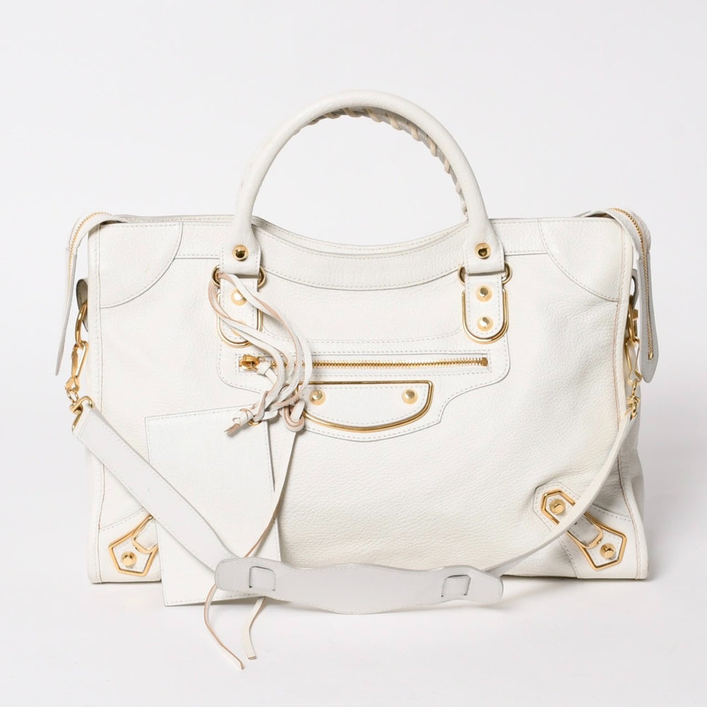 極美品 BALENCIAGA バレンシアガ メタリックエッジシティ レザー 2WAY ハンドバッグ ショルダーバッグ ホワイト アイボリー ゴールド金具 390154 中古 4a005560