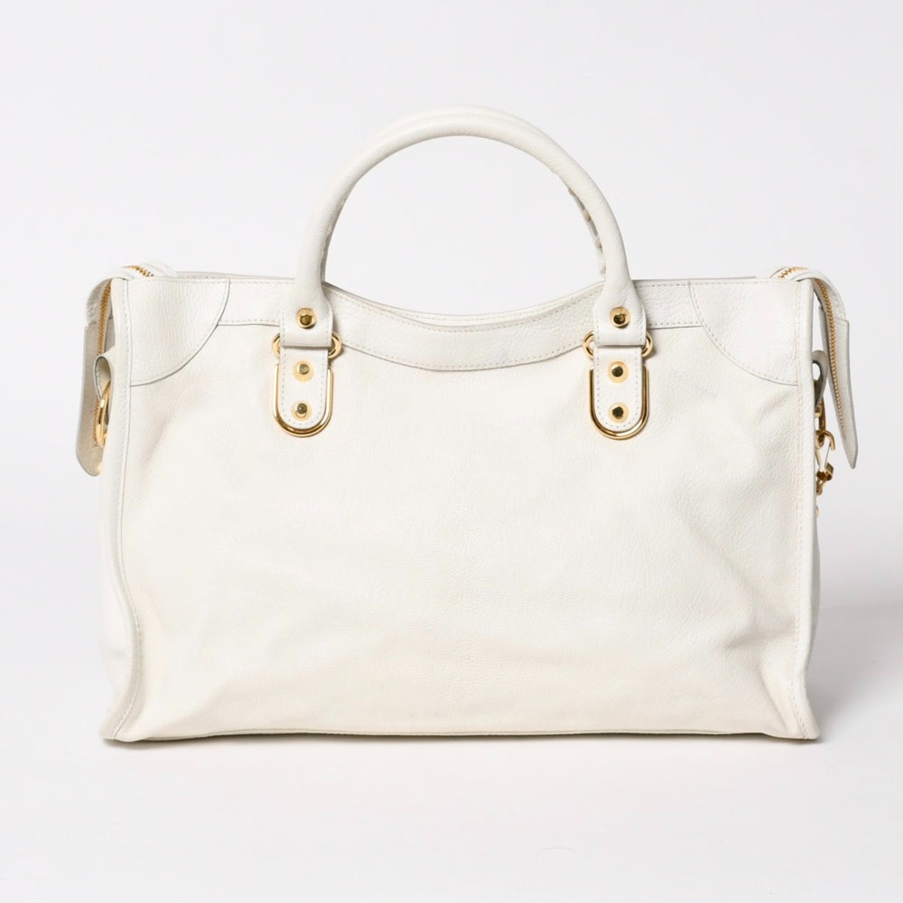 極美品 BALENCIAGA バレンシアガ メタリックエッジシティ レザー 2WAY ハンドバッグ ショルダーバッグ ホワイト アイボリー ゴールド金具 390154 中古 4a005560