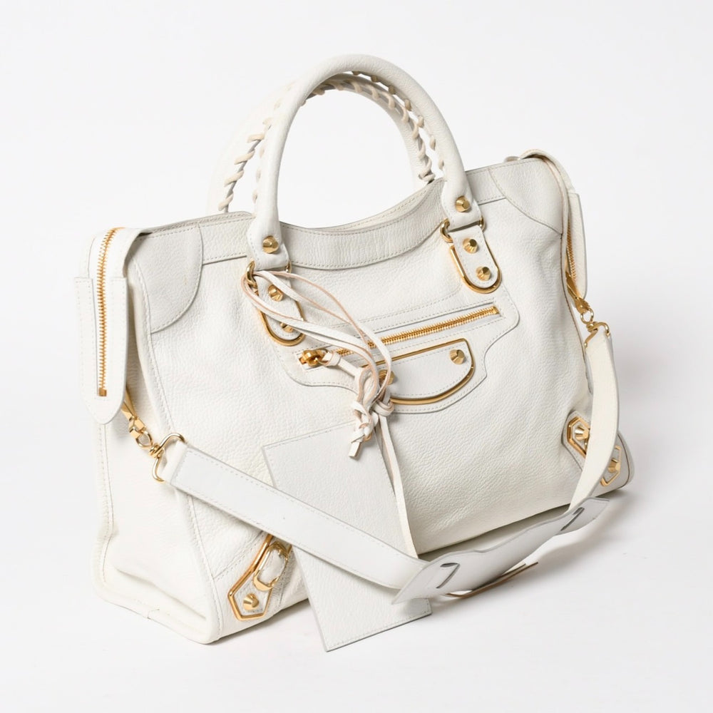 極美品 BALENCIAGA バレンシアガ メタリックエッジシティ レザー 2WAY ハンドバッグ ショルダーバッグ ホワイト アイボリー ゴールド金具 390154 中古 4a005560