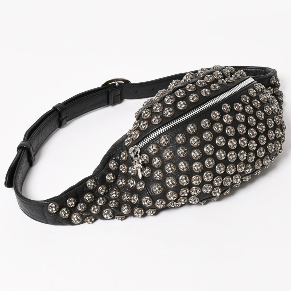 Very Good Condition CHROME HEARTS #1 Snut Pack Pyramid Cross Ball Studs Body Bag Leather Dagger Zip Black Used 4a005747