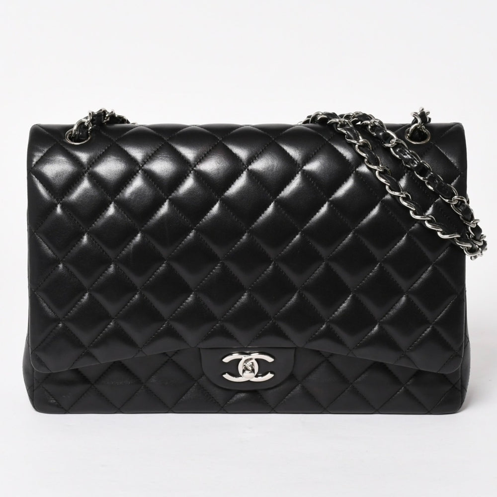極美品 CHANEL シャネル デカマトラッセ33 Wフラップ Wチェーンショルダーバッグ 18番台 ココマーク ラムスキン ブラック SV金具 中古 4a005679