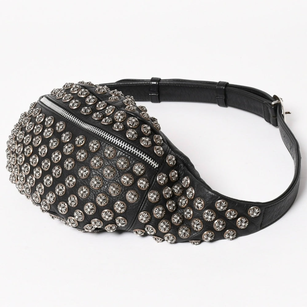 Very Good Condition CHROME HEARTS #1 Snut Pack Pyramid Cross Ball Studs Body Bag Leather Dagger Zip Black Used 4a005747
