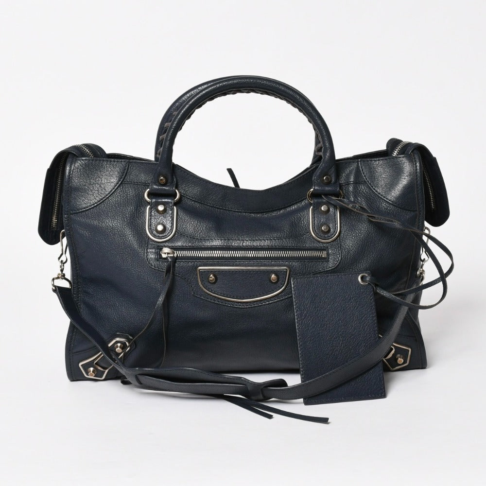 極美品 BALENCIAGA バレンシアガ クラシック メタリック エッジ シティ 2WAY ショルダーバッグ 390154 ネイビー シルバー金具 中古 4a005827