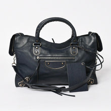Load the image into the gallery viewer. Very Good Condition BALENCIAGA Classic Metallic Edge City 2WAY Shoulder Bag 390154 Navy Silver Hardware Used 4a005827
