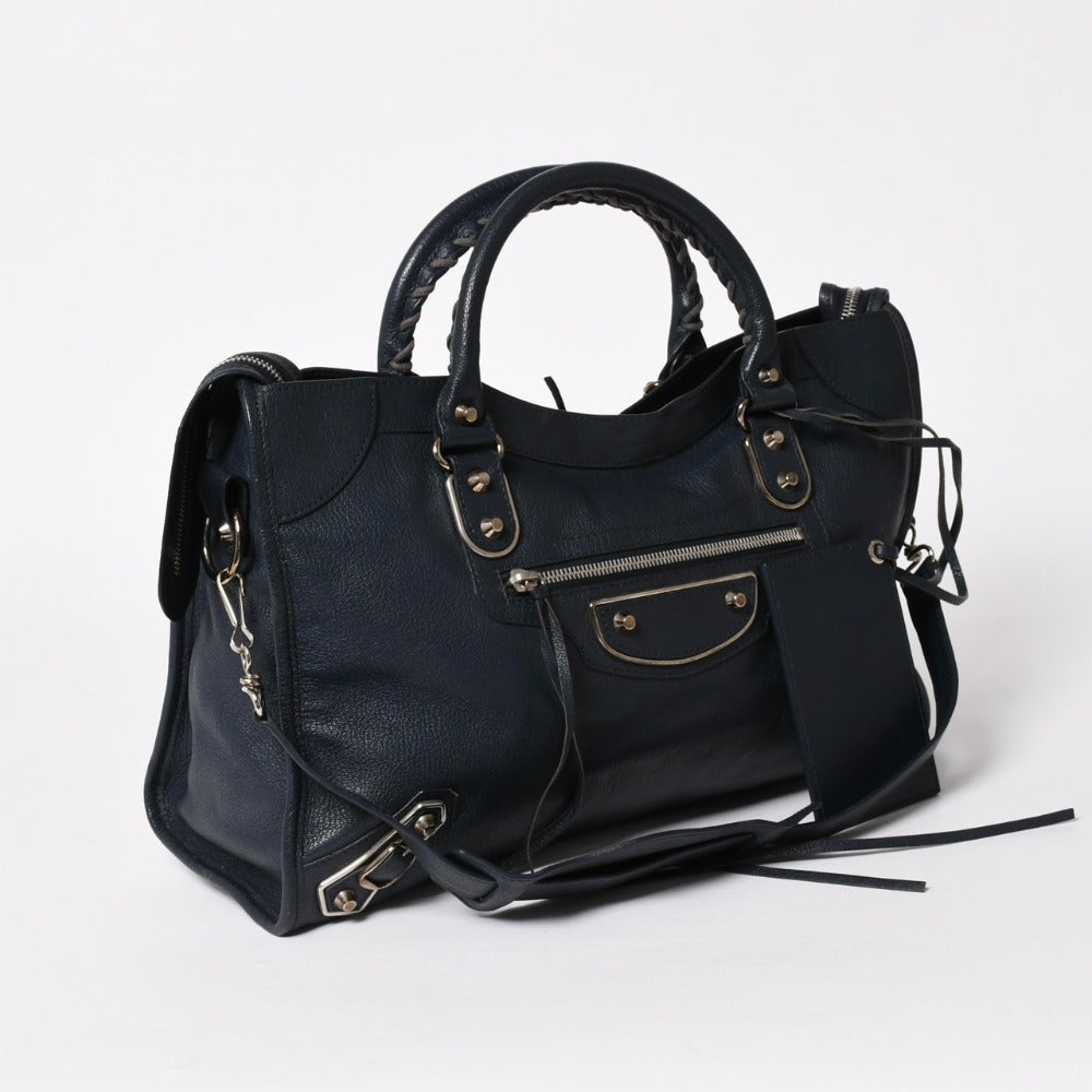 極美品 BALENCIAGA バレンシアガ クラシック メタリック エッジ シティ 2WAY ショルダーバッグ 390154 ネイビー シルバー金具 中古 4a005827