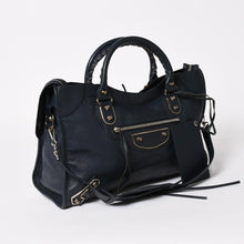Load the image into the gallery viewer. Very Good Condition BALENCIAGA Classic Metallic Edge City 2WAY Shoulder Bag 390154 Navy Silver Hardware Used 4a005827