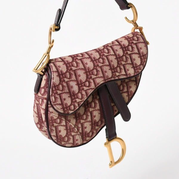 極美品 Christian Dior クリスチャンディオール サドルバッグ ボディバッグ ボルドー トロッター ベージュ ワインレッド 05-RU-1118 中古 4a005776