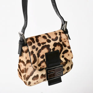 FENDI フェンディ マンマバケット ワンショルダーバッグ 26571 レオパード ハラコ レザー ブラウン シルバー金具 美品 中古 4a005865