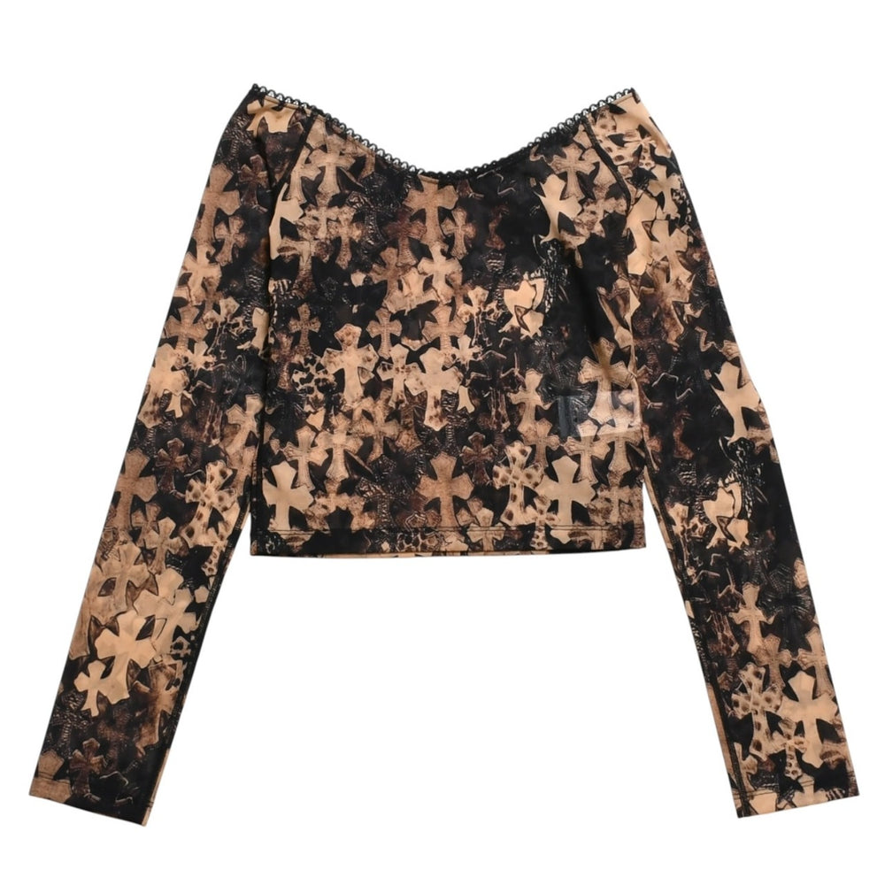新品未使用品 CHROME HEARTS クロムハーツ オフショルダー セミタリークロス シアー ロングスリーブ Tシャツ ブラック ブラウン サイズM 中古 4a005931