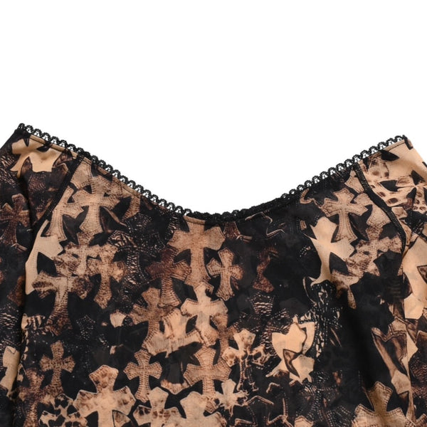新品未使用品 CHROME HEARTS クロムハーツ オフショルダー セミタリークロス シアー ロングスリーブ Tシャツ ブラック ブラウン サイズM 中古 4a005931
