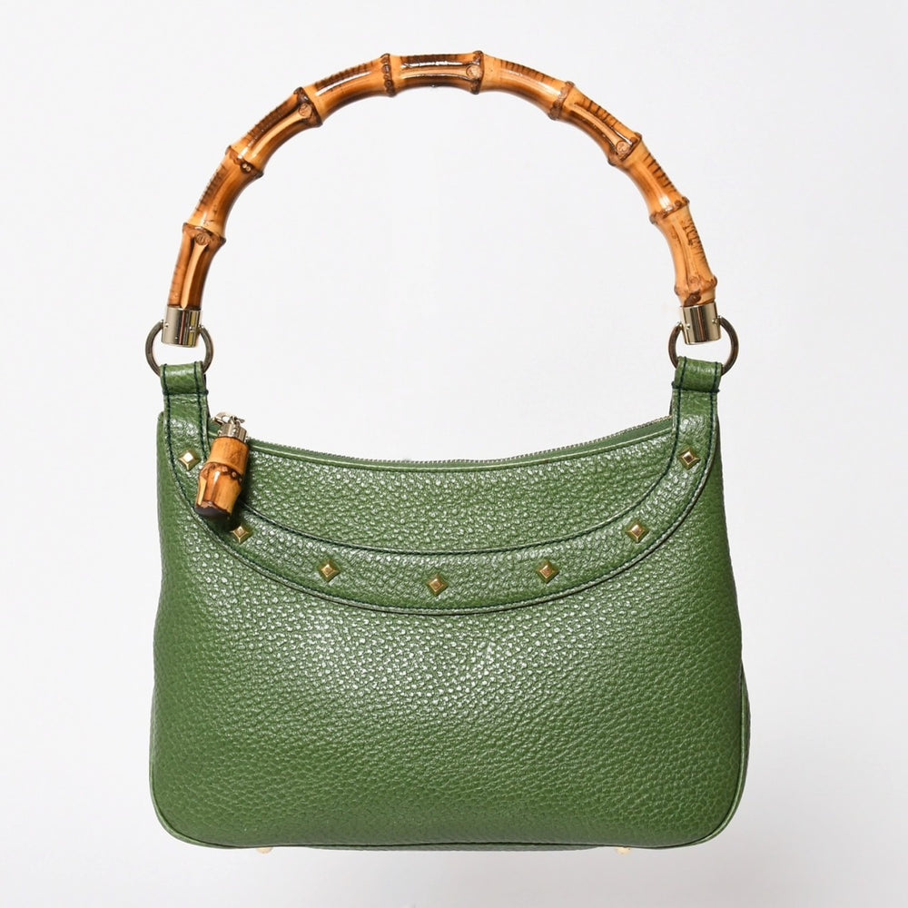 極美品 GUCCI グッチ バンブー アニタ ホーボー ハンドバッグ 137378 レザー スタッズ ワンショルダー グリーン ゴールド金具 中古 4a005901