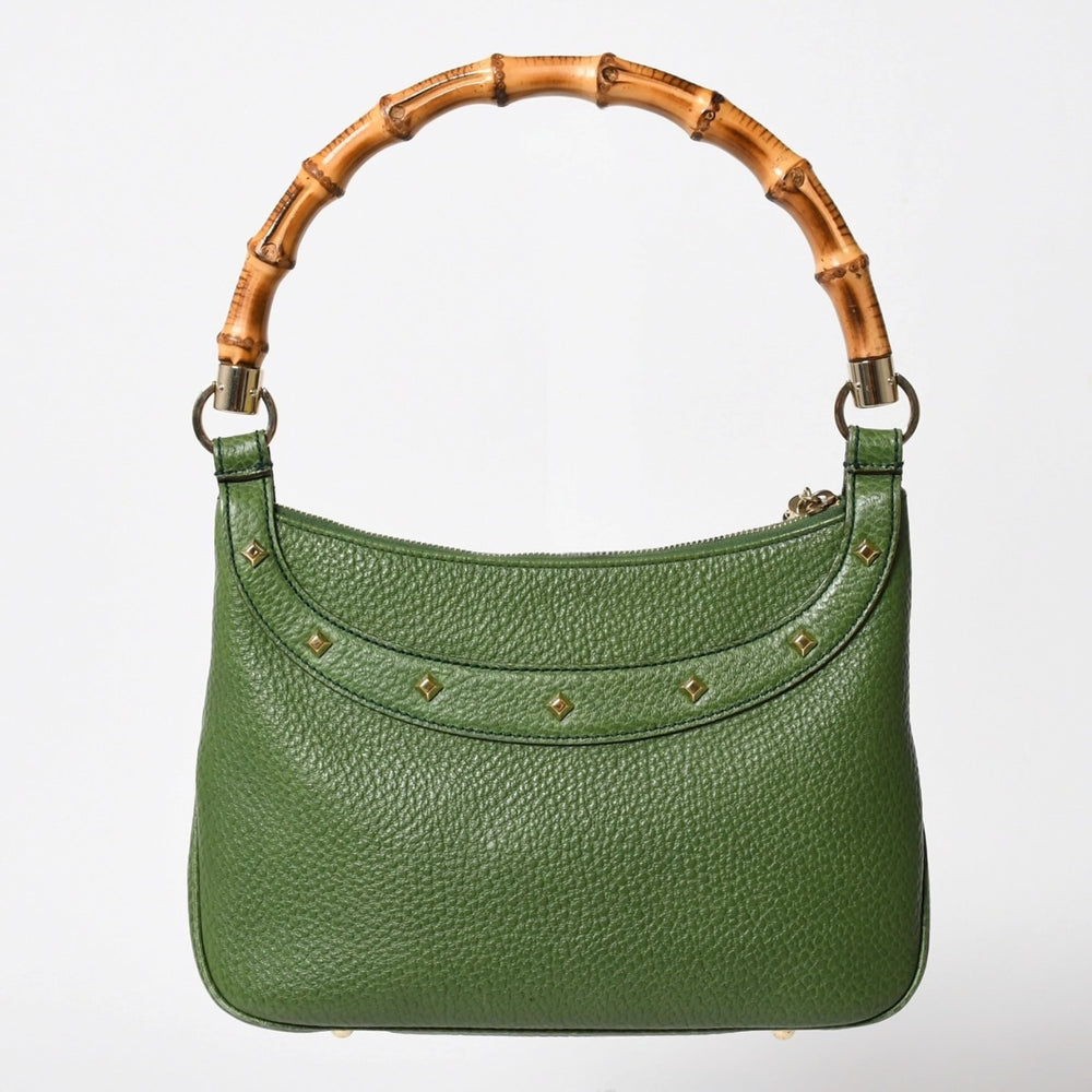 極美品 GUCCI グッチ バンブー アニタ ホーボー ハンドバッグ 137378 レザー スタッズ ワンショルダー グリーン ゴールド金具 中古 4a005901