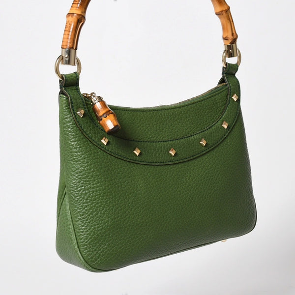 極美品 GUCCI グッチ バンブー アニタ ホーボー ハンドバッグ 137378 レザー スタッズ ワンショルダー グリーン ゴールド金具 中古 4a005901