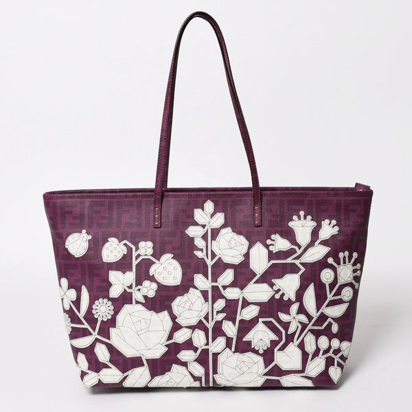 極美品 FENDI フェンディ トートバッグ ハンドバッグ パープル ホワイト 花柄 ズッカ キャンバス 中古 4a005898