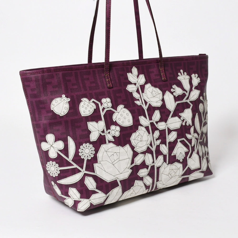 極美品 FENDI フェンディ トートバッグ ハンドバッグ パープル ホワイト 花柄 ズッカ キャンバス 中古 4a005898