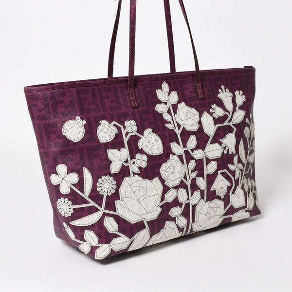 極美品 FENDI フェンディ トートバッグ ハンドバッグ パープル ホワイト 花柄 ズッカ キャンバス 中古 4a005898