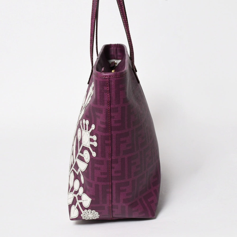 極美品 FENDI フェンディ トートバッグ ハンドバッグ パープル ホワイト 花柄 ズッカ キャンバス 中古 4a005898