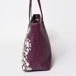 極美品 FENDI フェンディ トートバッグ ハンドバッグ パープル ホワイト 花柄 ズッカ キャンバス 中古 4a005898