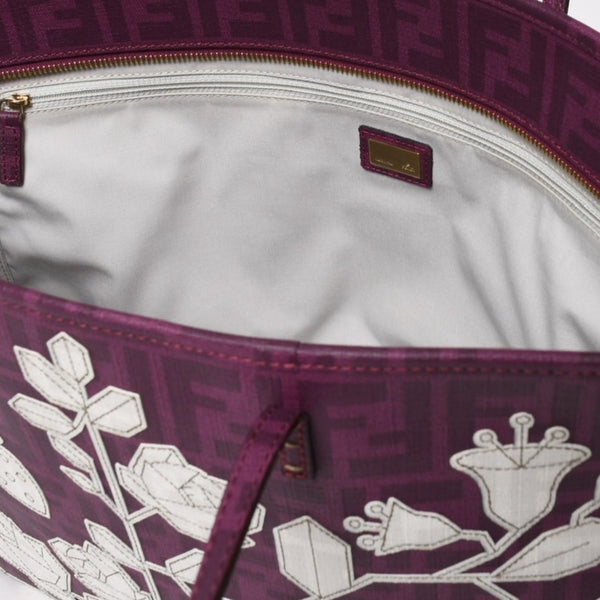 極美品 FENDI フェンディ トートバッグ ハンドバッグ パープル ホワイト 花柄 ズッカ キャンバス 中古 4a005898