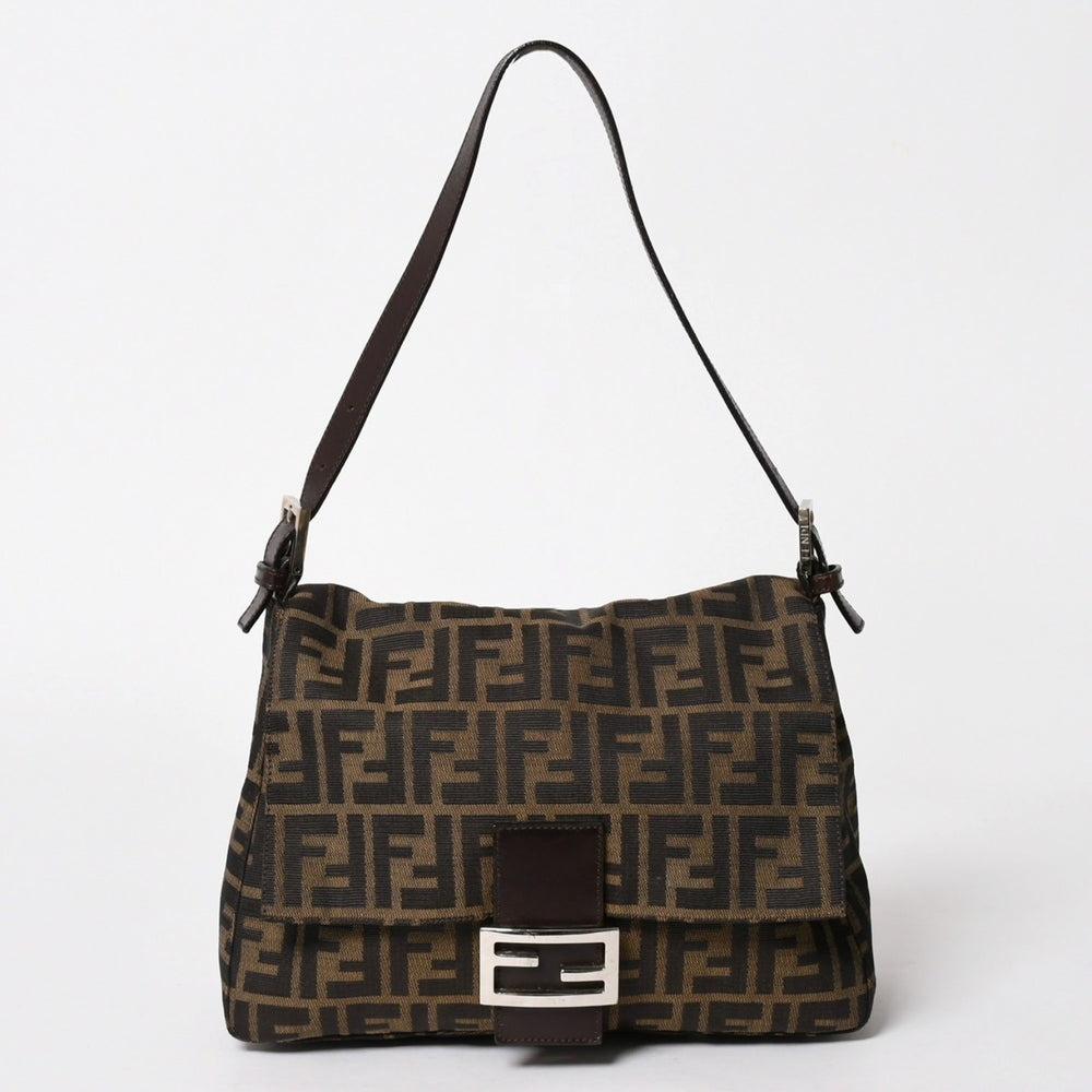 FENDI フェンディ ズッカ柄 マンマバケット ショルダーバッグ 26325 キャンバス レザー ブラウン FFバックル シルバー金具 美品 中古 4a005783